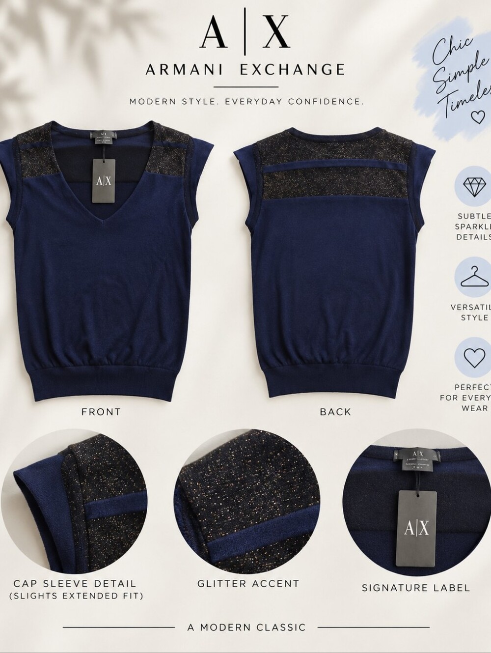 NWT! Armani Exchange Navy Sleeveless Top Size Small